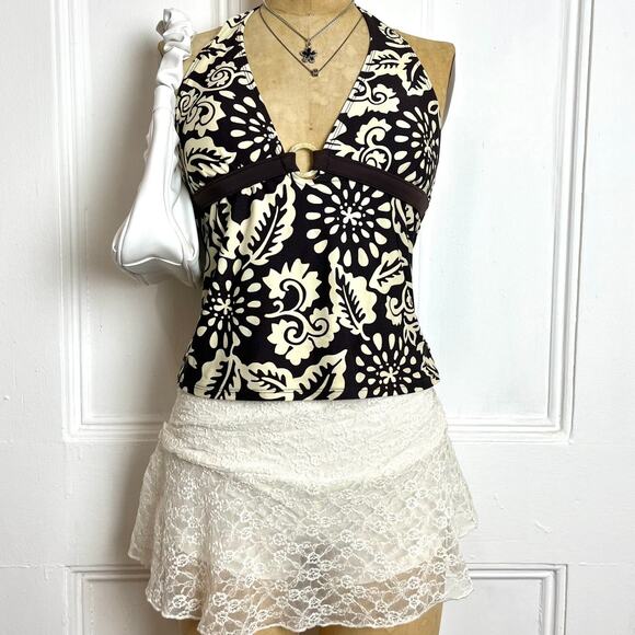 Apt 9 Vintage retro halter top with bohochic circle accent & floral cream print - Picture 2 of 6